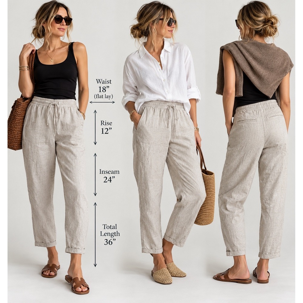 L L Bean 100% Linen Pull On Pant Size 16 Natural Flax Tapered Coastal Minimalist